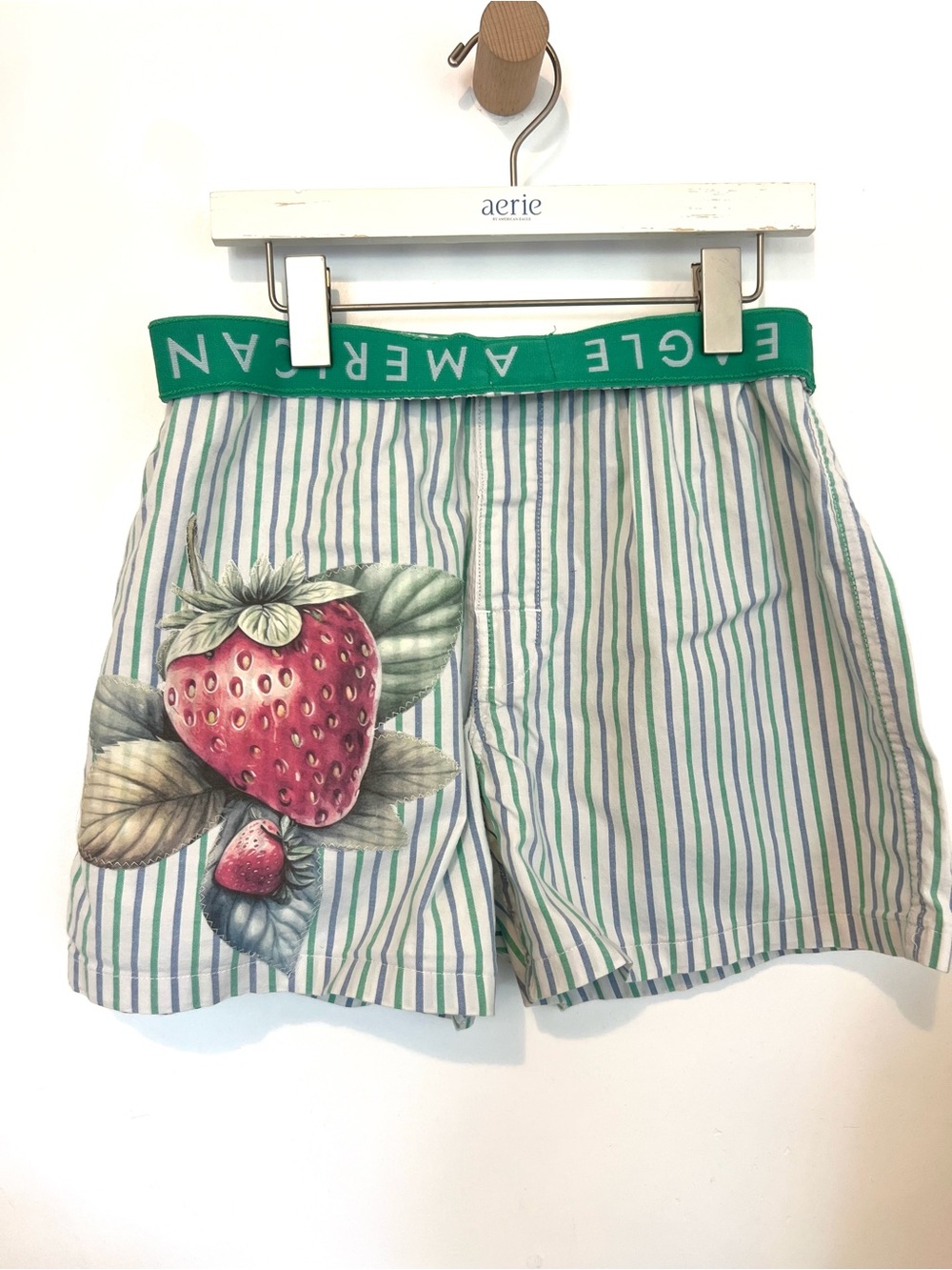American Eagle Outfitters Green Striped Strawberry Print upcycled boxers - Picture 2 of 5